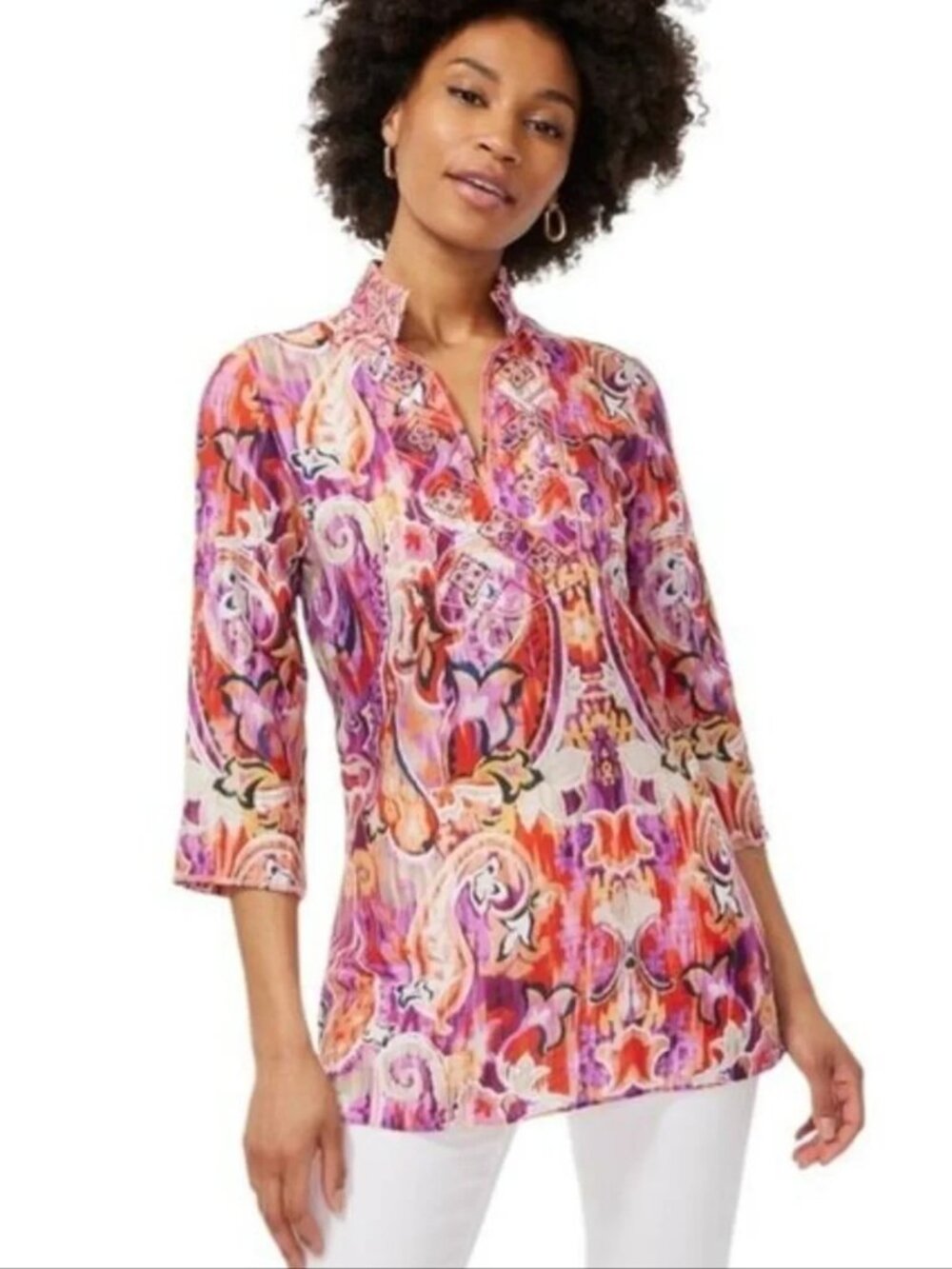 NWT Chico's Paisley Ikat Beaded Tunic Top Orange Pink Purple Size 3 US 16 3/4 Sl